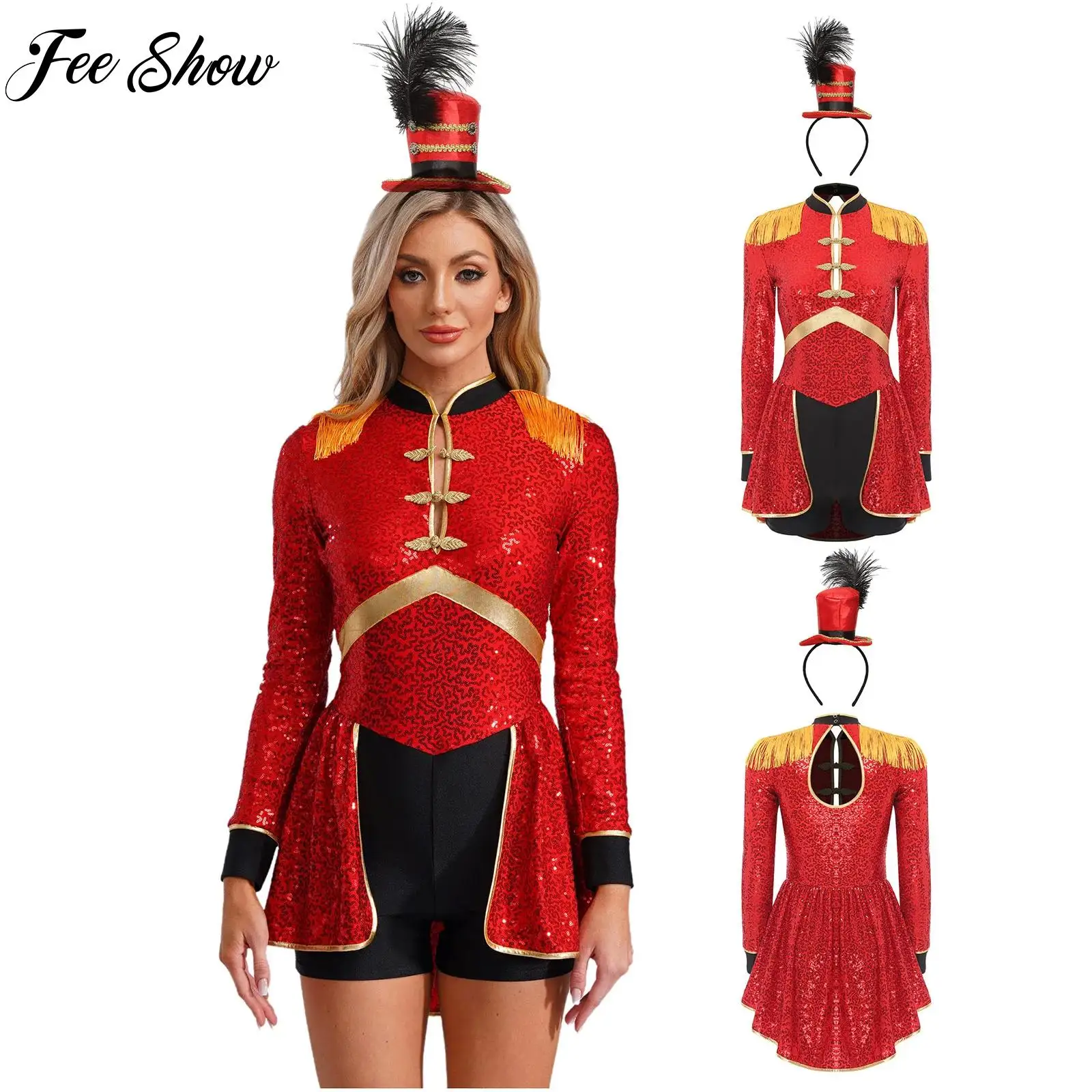 

Womens Shiny Sequins Circus Ringmaster Magician Drummer Costume Long Sleeve Bodysuit+Headwear Outfit Lion Tamer Dress Up Clothes