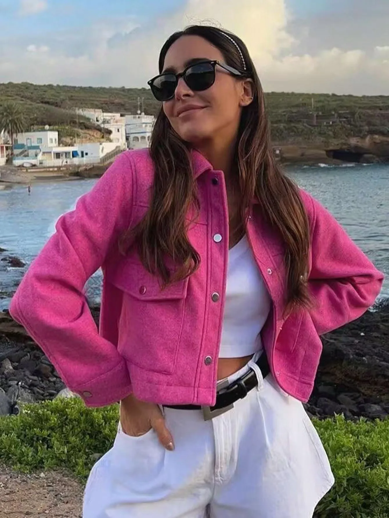 

Women's Autumn Multi-Color Cropped Button Jacket Solid Long Sleeve Front Pockets Elegant Casual Streetwear Outerwear Coat