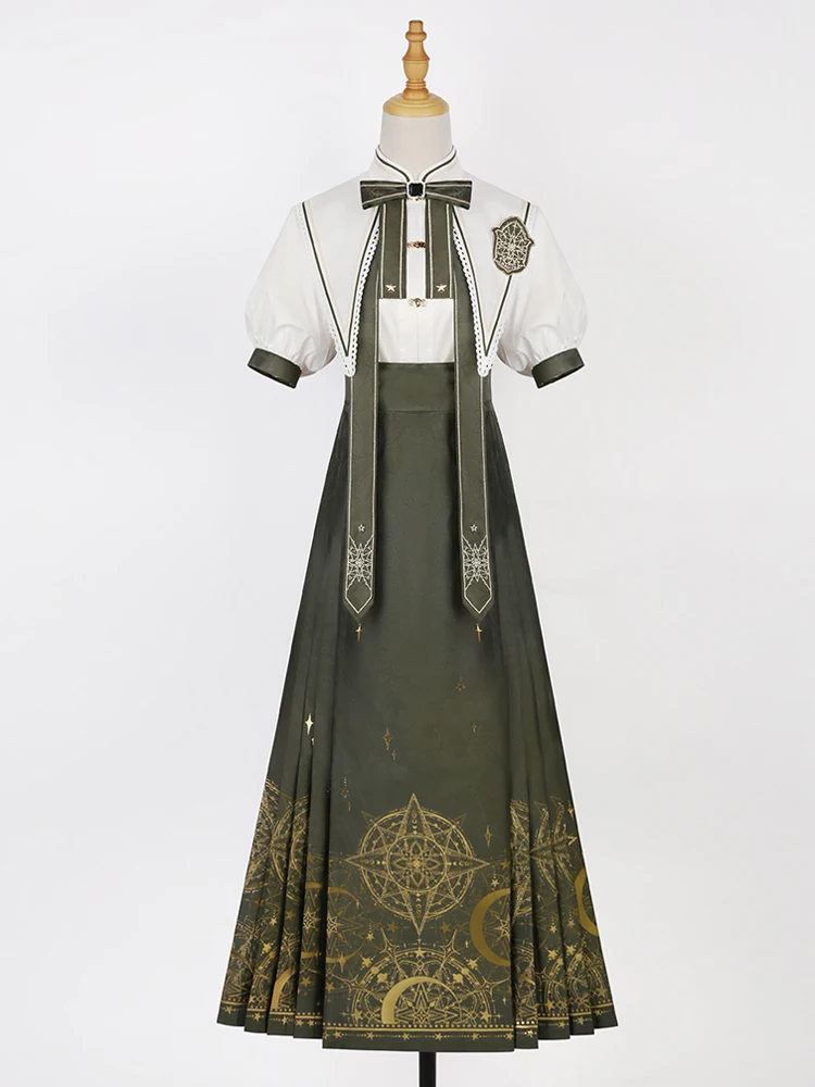 Set Lolita vintage elegante da donna in stile cinese originale con maniche a sbuffo, stile college, abito lungo versatile, set da due pezzi