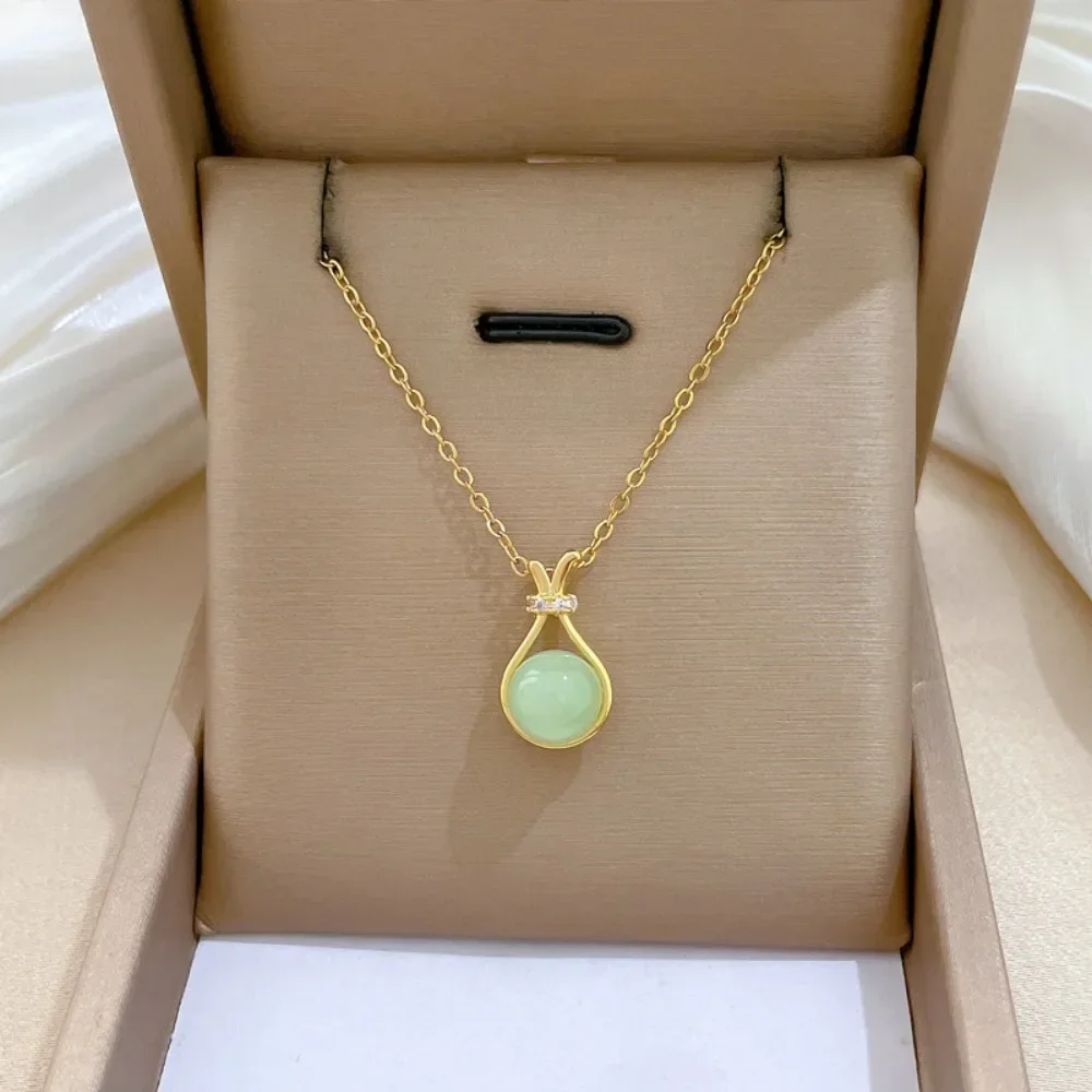 Stainless Steel Chain Vintage Simple Green Stone Bag Pendant Necklaces for Women Girls Jewelry Accessories Daily Birthday Gifts