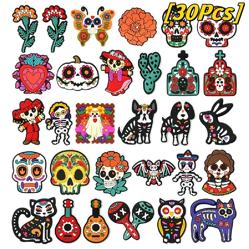 30Pcs Day Of The Dead Theme PVC Shoe Charms Colorful Skull Head Guitar Skeleton Cat Pattern Shoe Buckle Accessories Holiday Gift