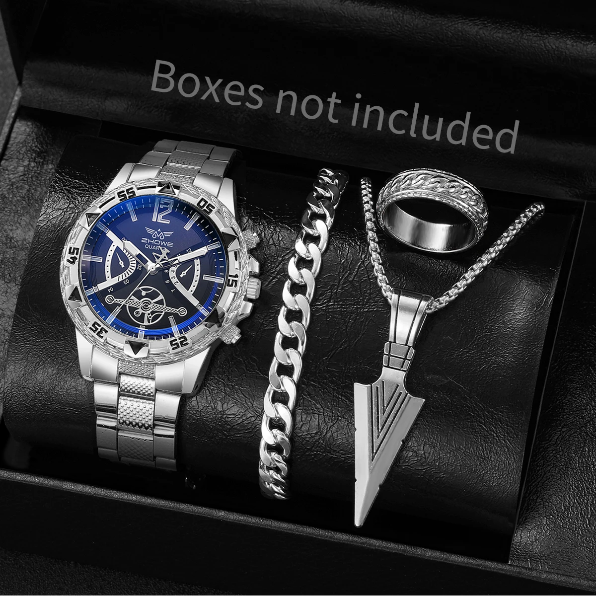 4 ピース/セット高級メンズクォーツ時計ファッションラージダイヤルメンズビジネス腕時計ジュエリーセットリロイ Hombre (箱なし)