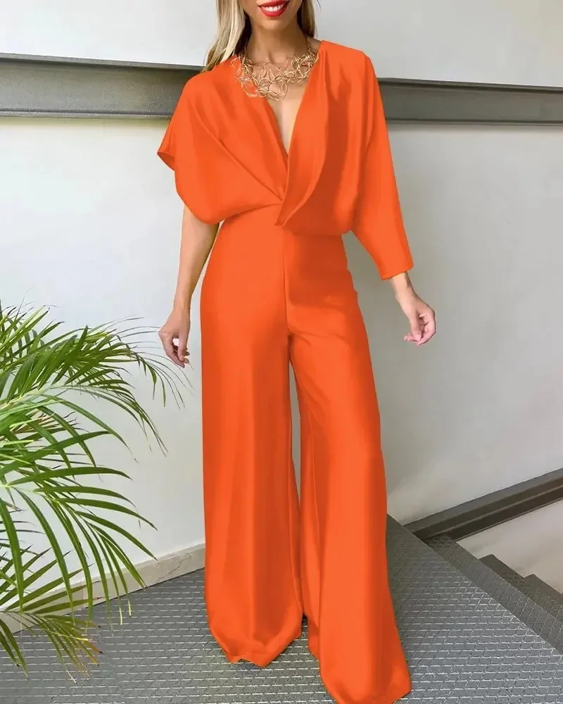 2024 New Women\'s Solid Color Jumpsuit Spring Summer Adult Female V-neck Sexy Short Sleeves High Waist One-piece Suits OFE12