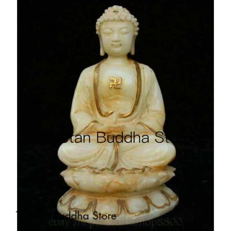 

8" Old Chinese White Jade Gilt Buddhism Shakyamuni Amitabha Buddha Sculpture