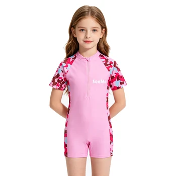 Girls' Pink Short-Sleeve One-Piece Swimsuit 2 Girls Swimsuits Kids Toddler 3 to 4 5 6 7 8 9 10 Years Beach Pink Cute Child Swim Suit Short Sleeve One Piece Swimwear Outfits 2