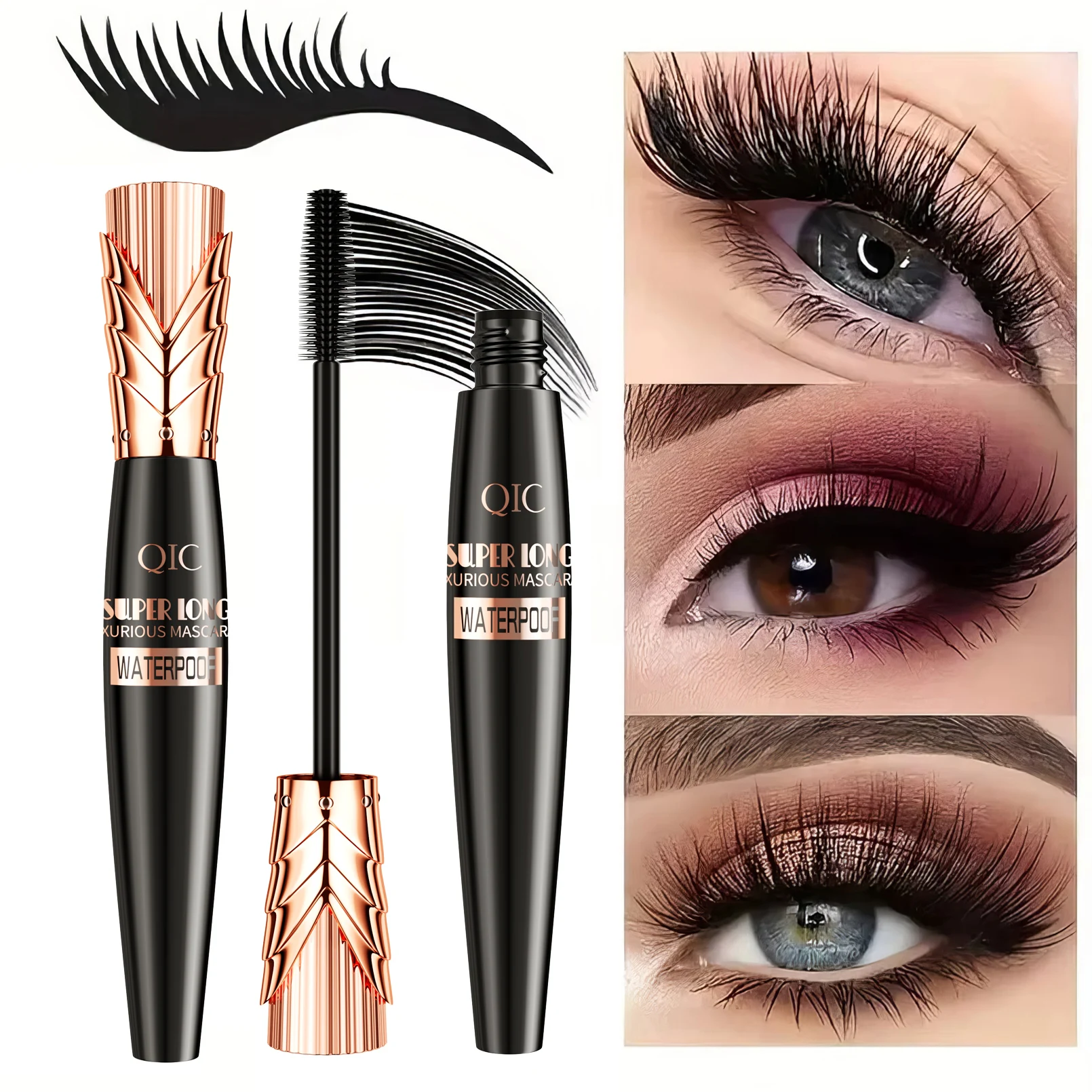 QIC Mascara 4D impermeabile Spessa lunga a prova di sbavature Carnoso crittografato Arricciatura a lunga durata Strumenti per il trucco degli occhi grandi