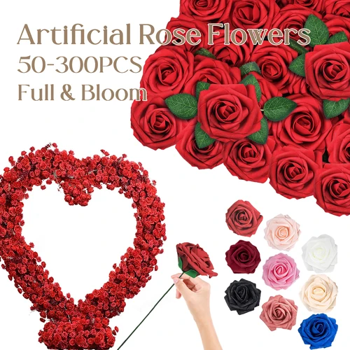 인조 장미 꽃, 줄기가 있는 거품 꽃, 가짜 장미, DIY 웨딩 부케 센터피스, 발렌타인 데이, 50-200 개