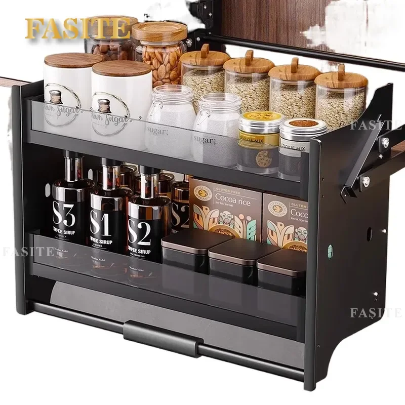 For Kitchen Top Hanging Cabinet Lift Basket Drop Down Storage Rack Snack Seasoning Organizer Space Saving Pull Down Shelf