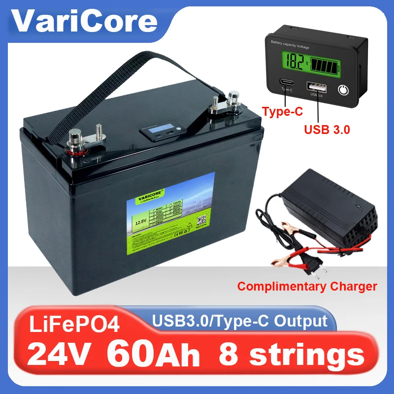 24V 100Ah 60Ah 8 string LiFePO4 Battery USB 3.0 Type-C Output for inverter Car lighter Lithium Batteries 29.2V Charger duty-free