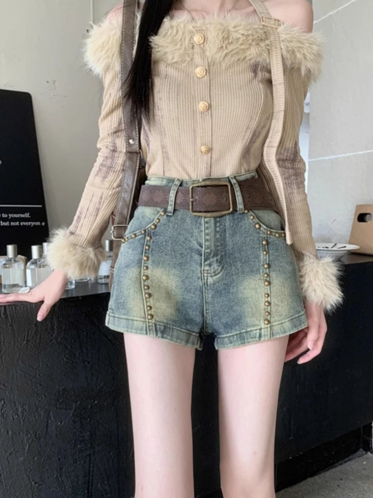 Fashionable Female Vintage Style Summer High Waisted Stretch Denim Shorts Slimming Exclusive Design Trend