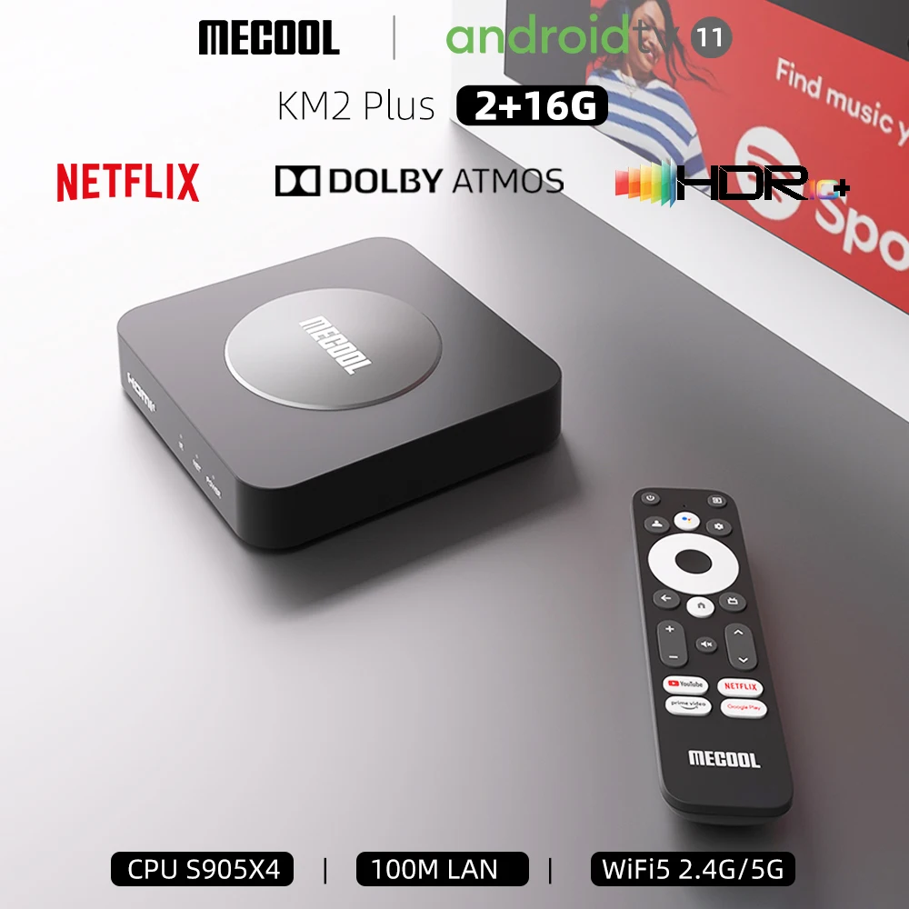 MECOOL KM2 Plus Android TV Box مع Google Netflix 4K Dolby Atmos معتمد 2GB 16GB HDR10+ AV1 BT 5.0 WiFi 2.4G/5G Set Top Box