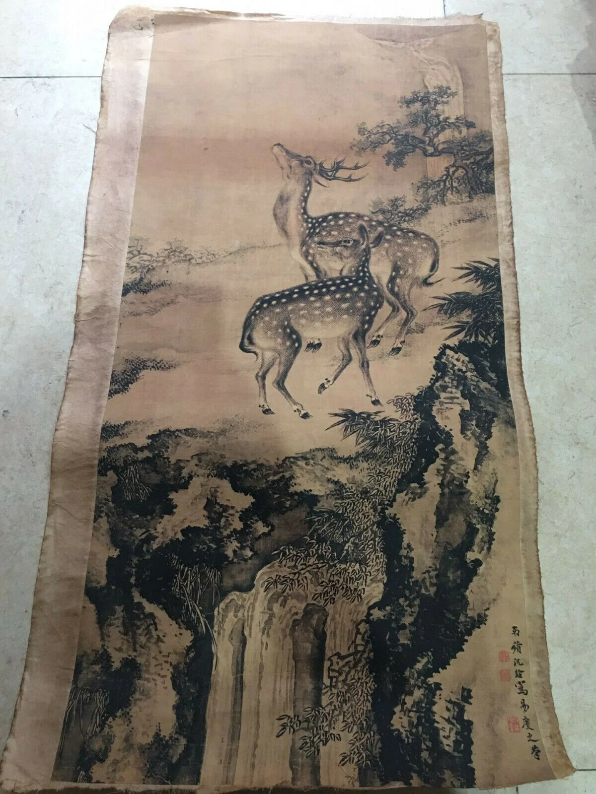 

Chinese Old Scroll Ding Shen Quan - Double Deer Painting Rice Paper Painting