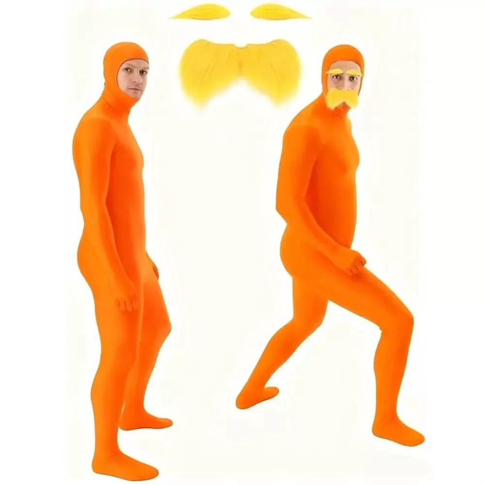 Orangefarbener Ganzkörper-Overall mit gelbem Bart- und Augenbrauen-Set, Cosplay-Kostüm für Familien-Halloween, Karnevalsparty, Verkleidung – Detail 7