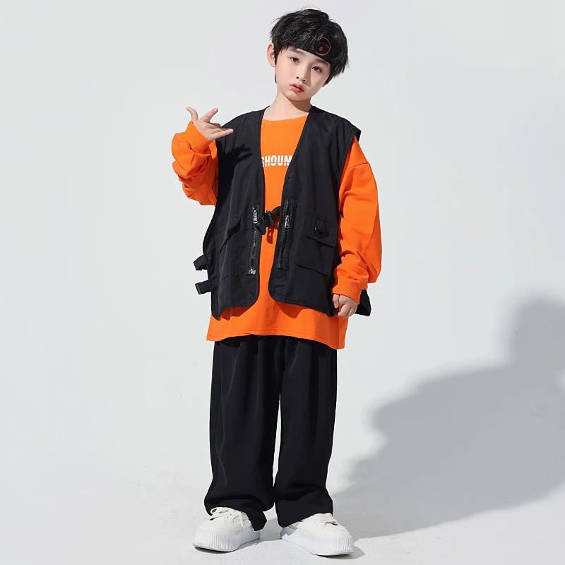 Kids Teen Kpop Outfit Hip Hop Clothing Orange Shirt Black Vest Baggy Pants For Girls Boys Jazz Dance Costume Street Wear Clothes