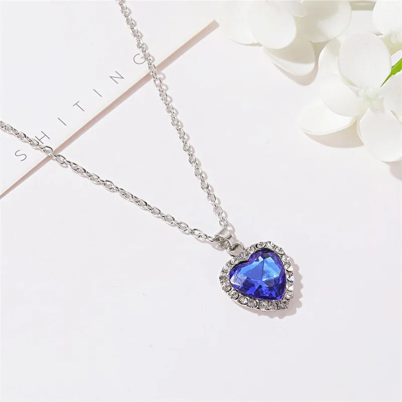 2021 New Simple Titanic Heart of Ocean Necklace Blue Crystal Love  Forever Pendant  For Women Wedding Party Jewelry