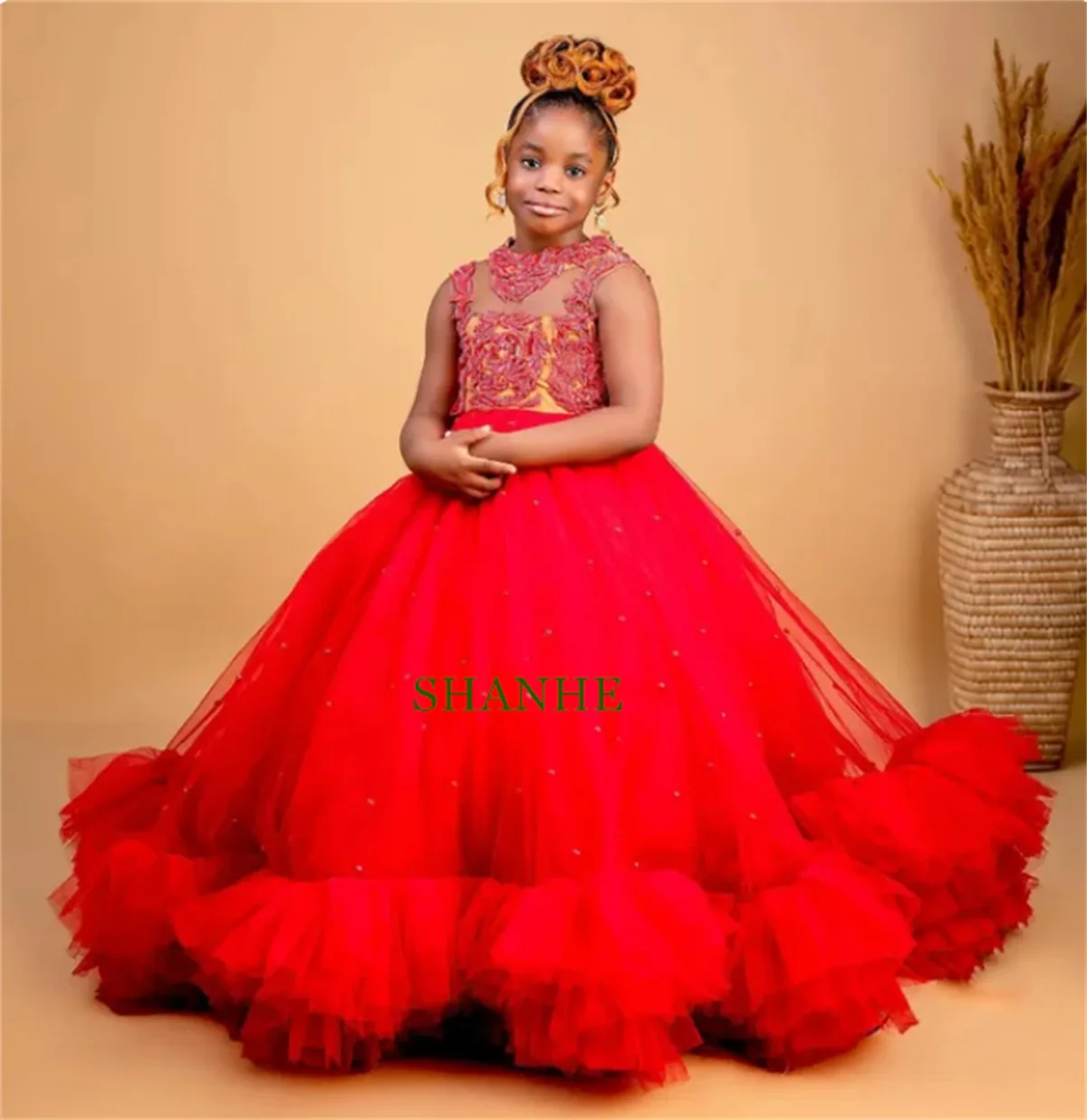 CustomizedFlully Tiered Rüschen Blumenmädchen Kleid Ballkleid Bodenlangen Kinder Geburtstag Party Kleider Festzug Kleider