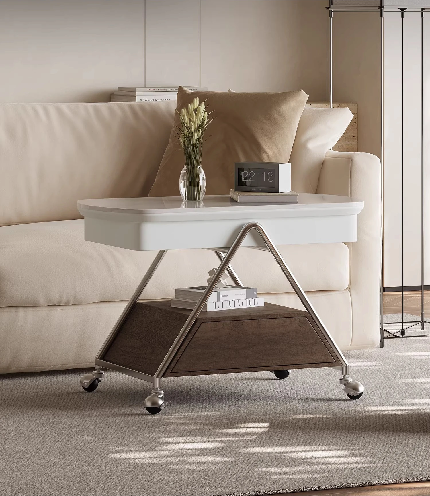 

Medieval lifting rock slab trolley side table removable living room walnut leather coffee table sofa storage side cabinet