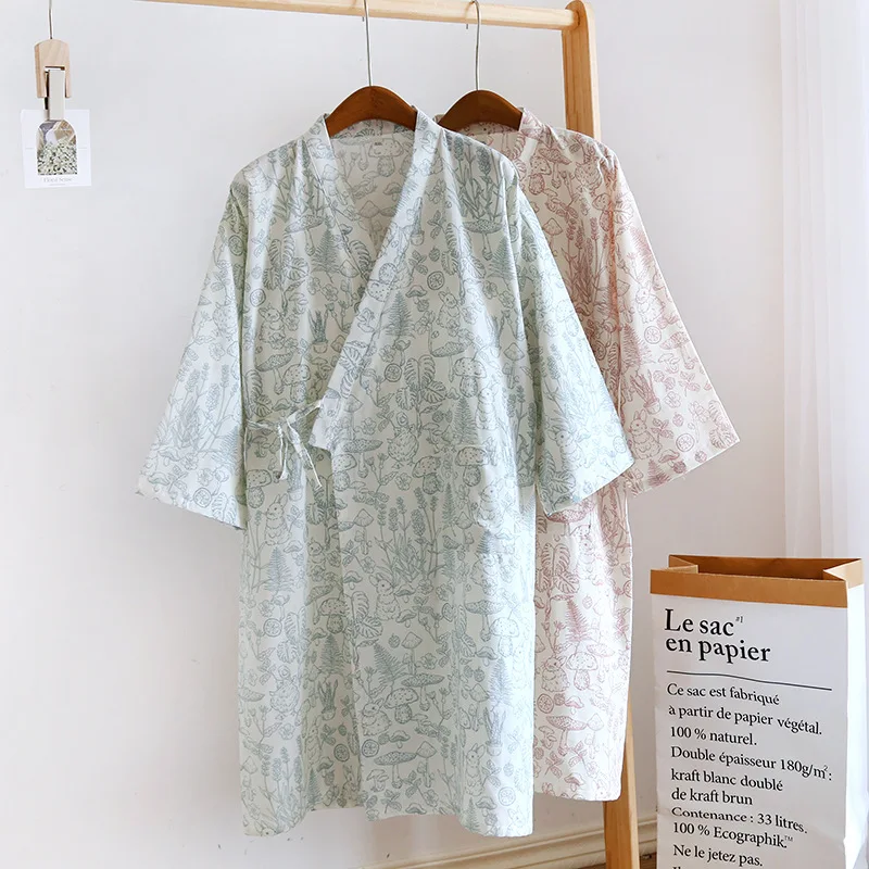 Summer Cotton Gauze Dressing Gown Japanese Kimono Robes Cute Quarter-sleeved Bathrobe Women V-neck Cartoon Print Night Gown