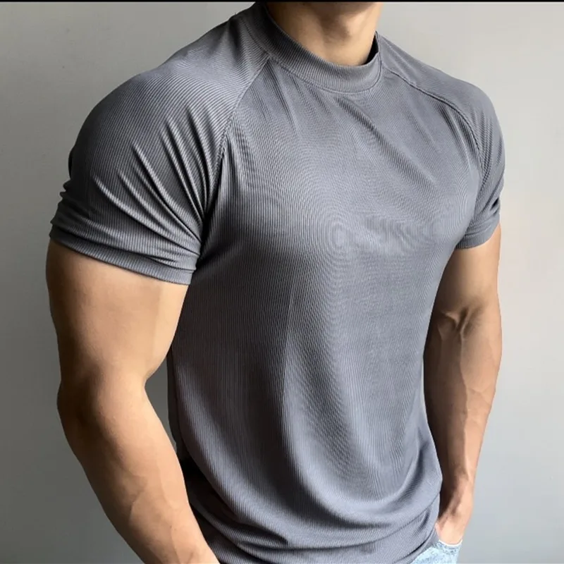 Summer Sports Outdoor Training Short Sleeves Men's Slim Elastic  Shoulder Sleeves Small Neckline T-shirt Solid Color Breathable