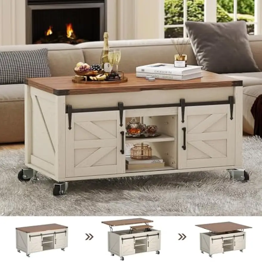 4 In 1 Farmhouse Coffee Table Lift Top Hidden Compartment Storage Lockable Rolling Wheels 4 Sliding Barn Door Living Room Center