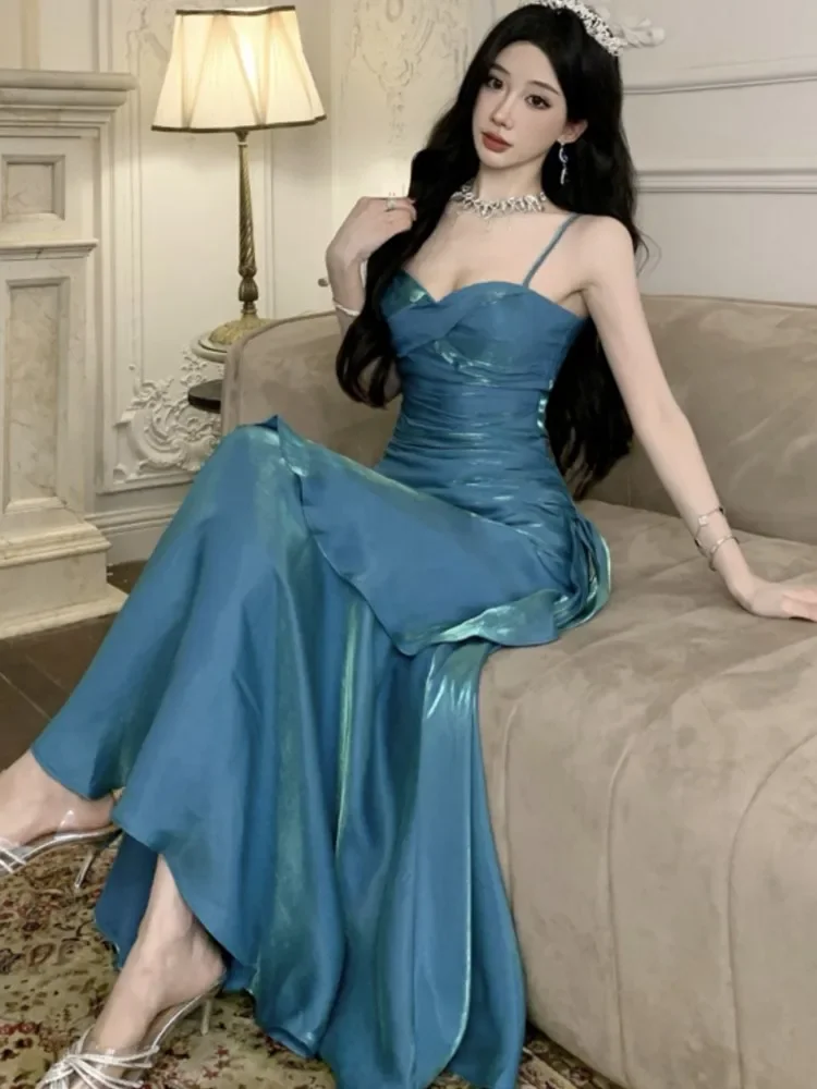 

Elegant Solid Party Dress for Women Sexy Spaghetti Strap Sleeveless Evening Dresses Summer Spring Slim Waist Vestidos Long Robe