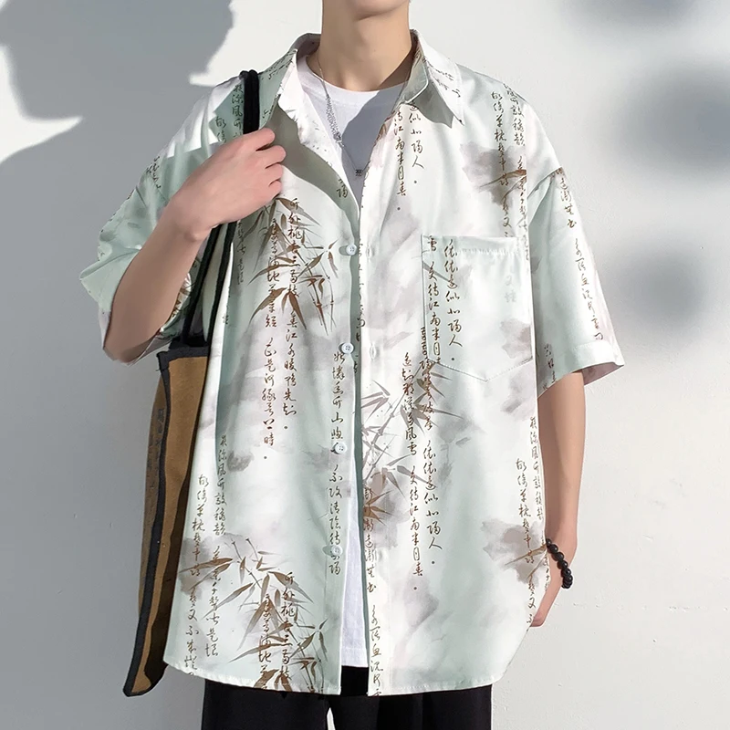 

Men's Summer Short Sleeve Bamboo Printed Shirt Thin Beach Shirt Men's Clothing Streetwear Shirt for Men Casual Top Plus M-5XL