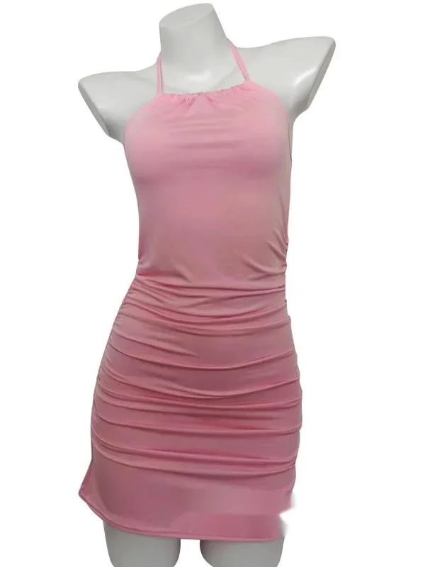 Sexy Halter Boat Neck Slim Fit Tight Fitting Backless Fold Bag Hip Perspective Long Dress Temperament Girl Polychrome A3NO