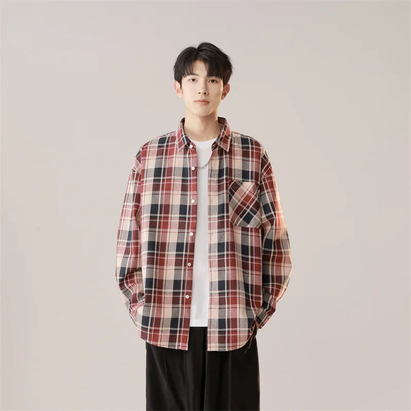 

New Spring and Autumn Checkered Long-sleeved Shirts with Lapels Japanese Retro Loose Versatile Casual Shirts Couples Fashionable