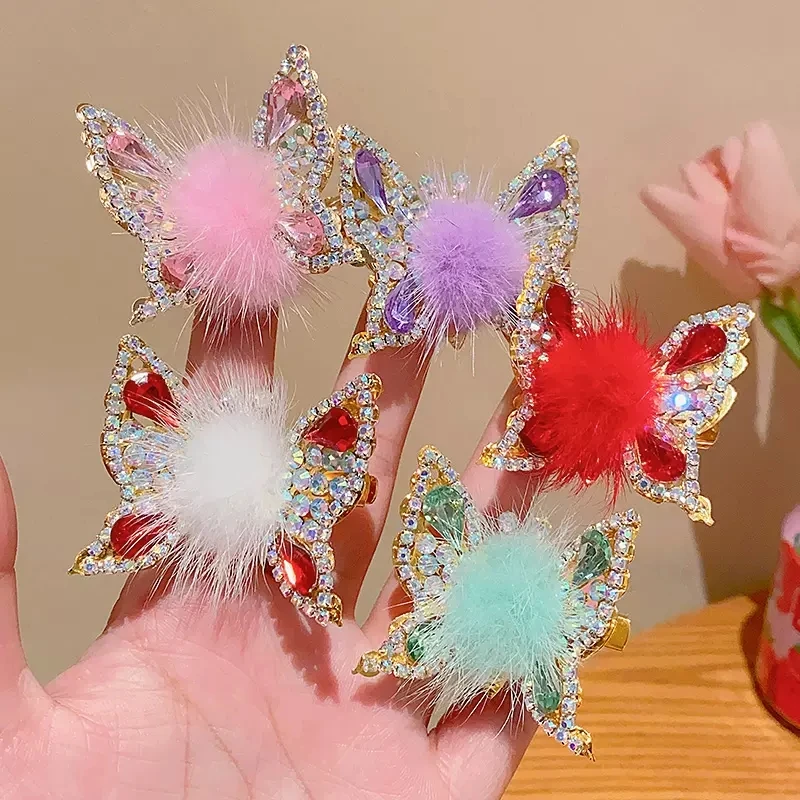 New Cute Moving Butterfly Hairpin Girls Metal three-dimensional Hair Clip Hair Accessories velvet ball Bangs Clip Ornaments