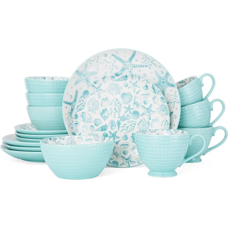 

16-Piece Stoneware Dinnerware Set, Service for 4, Dishwasher and Microwave Safe, Aqua/White -