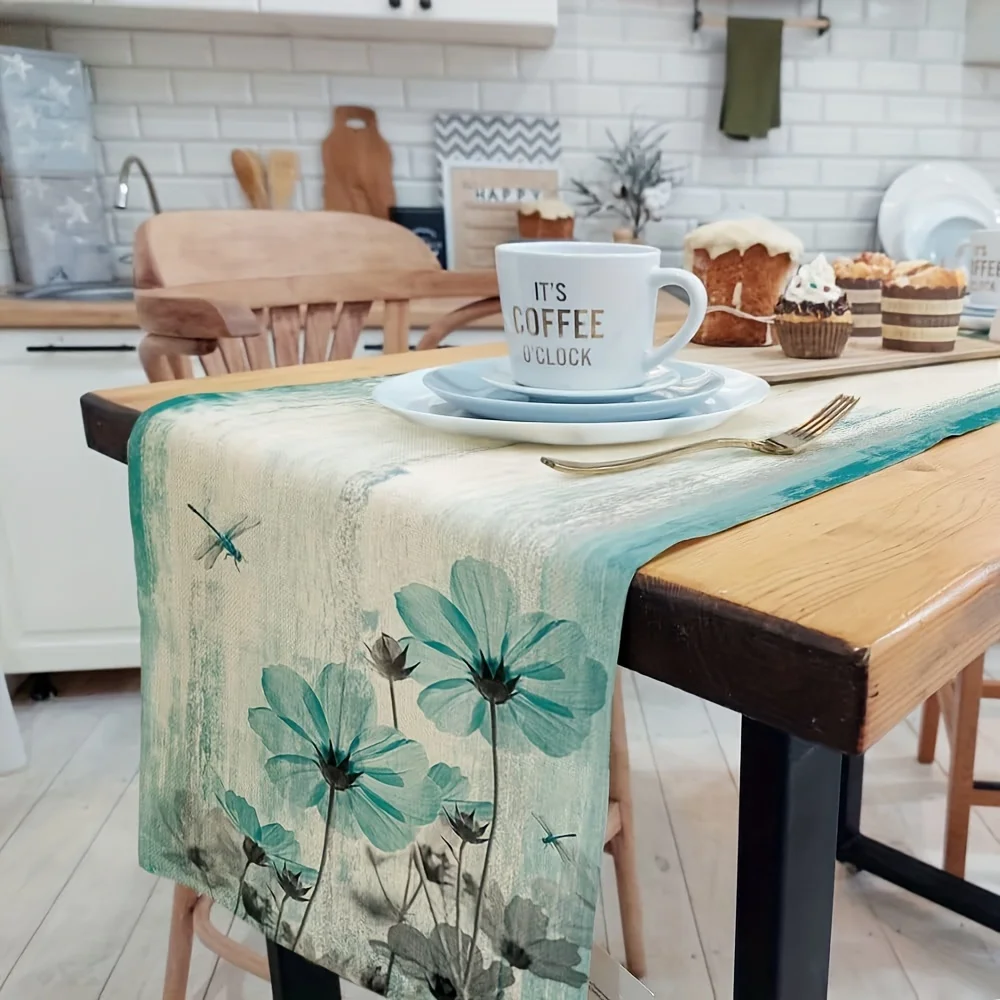 1 Piece of Ink-Style Floral Table Runner, Light Background Painted with Blue Flowers, Dragonflies and Ink Textures, Suitable for Chinese Tea Parties, Art Studios, Pastoral B&Bs, Literary Cafes