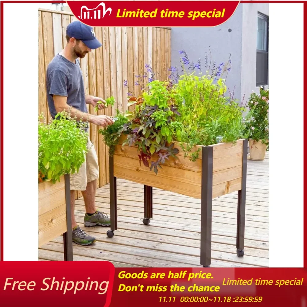 Raised Garden Bed Elevated Cedar Planter Box with Wheels | 39-1/2