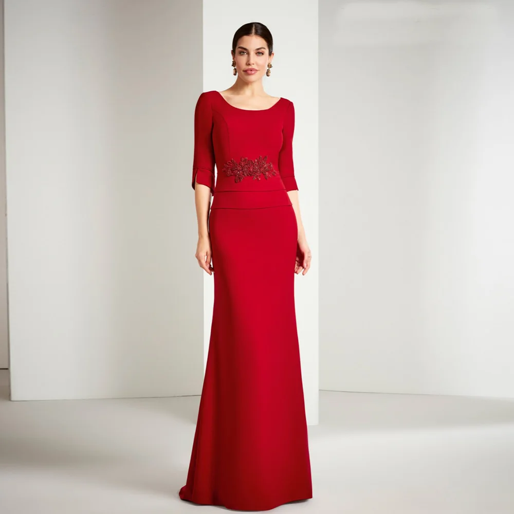 Elegant Burgundy Mother of the Bride Dresses O Neck 3/4 Sleeves Wedding Party Gowns Appliques Mermaid Floor-Length فستان سهرة