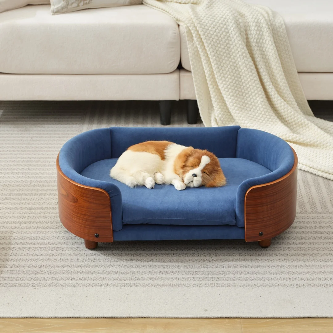 Scandinavian Elevated Dog Bed - Walnut Bent Wood Backrest & Solid Wood Legs (Pet Sofa Design)