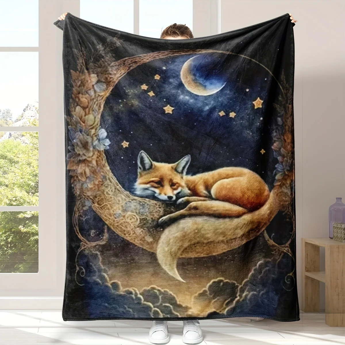 Charming Sleeping Fox on Crescent Moon Blanket - Soft, Cozy, Stylish Decor for Ultimate Home Comfort and Ideal Gift Choice