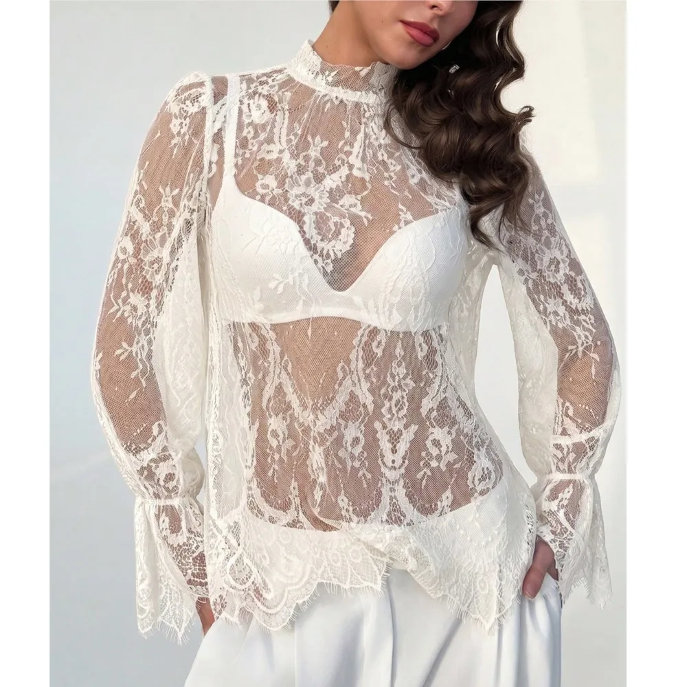 Women Sheer Floral Lace Top High Neck See Through Flare Long Sleeve Scalloped Lace Hem Elegant Chic Transparent Cover Up Blouse