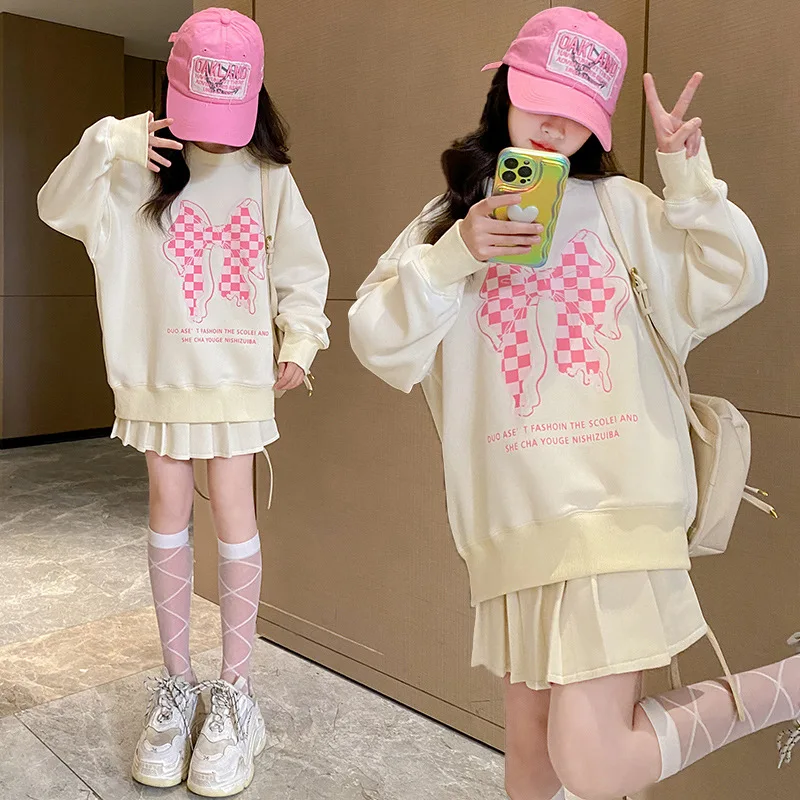 ZOETOPKID 2026 Girls Spring Autumn White Plaid Bow Sweatshirt Hooded Top T-shirt + Skirt Teenager Children Clothes 2 Piece Set