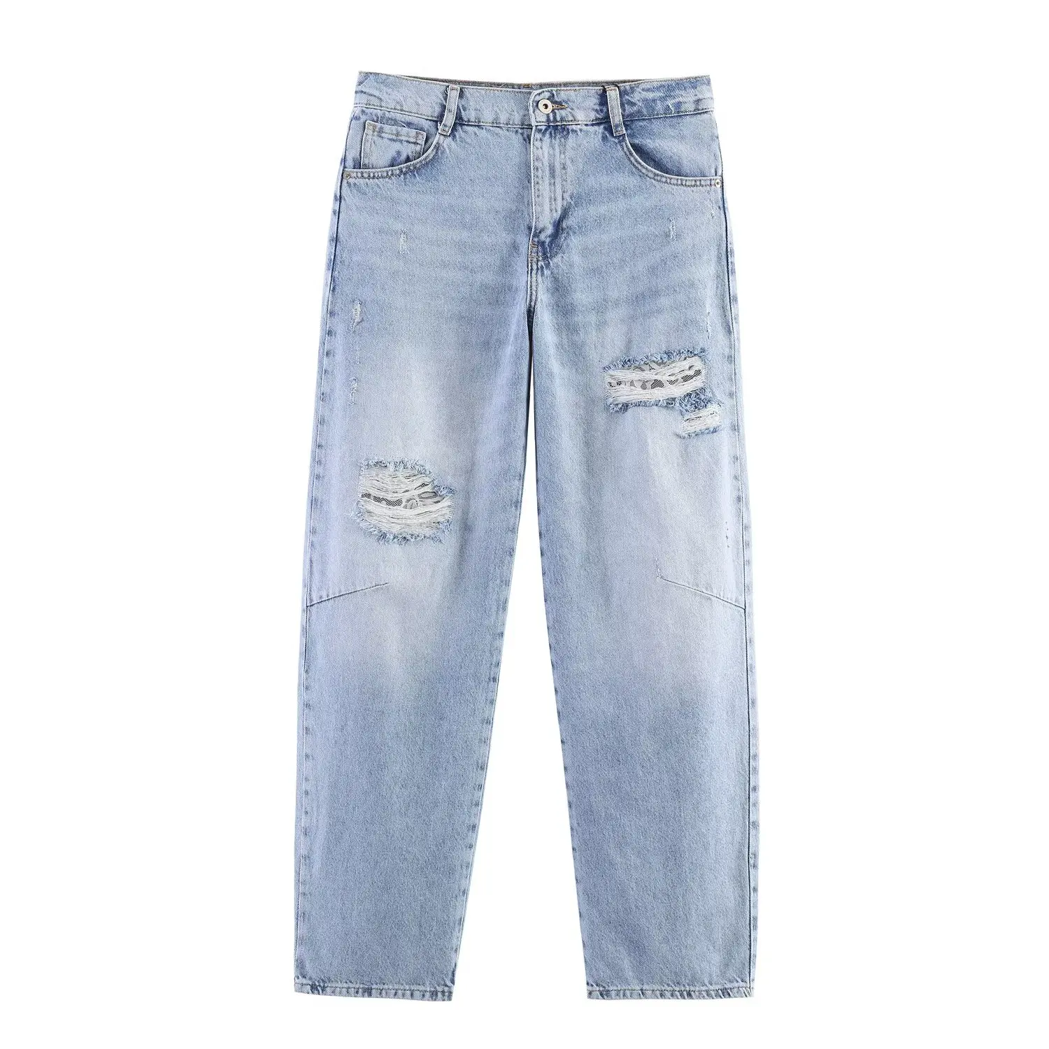 HH Lente Dames Chic Enkelrijig Kant Revers Lange Mouw Korte Denim Jas + Losse Mid-rise Gat Decoratie Jeans 2-delige Set
