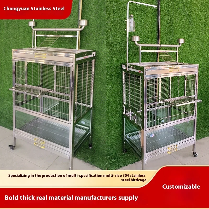 Luxury 304 Stainless Steel Parrot Cage Plastic Tray Eco-friendly Large Breed Size Solid Grey Boutique Design Box Packed