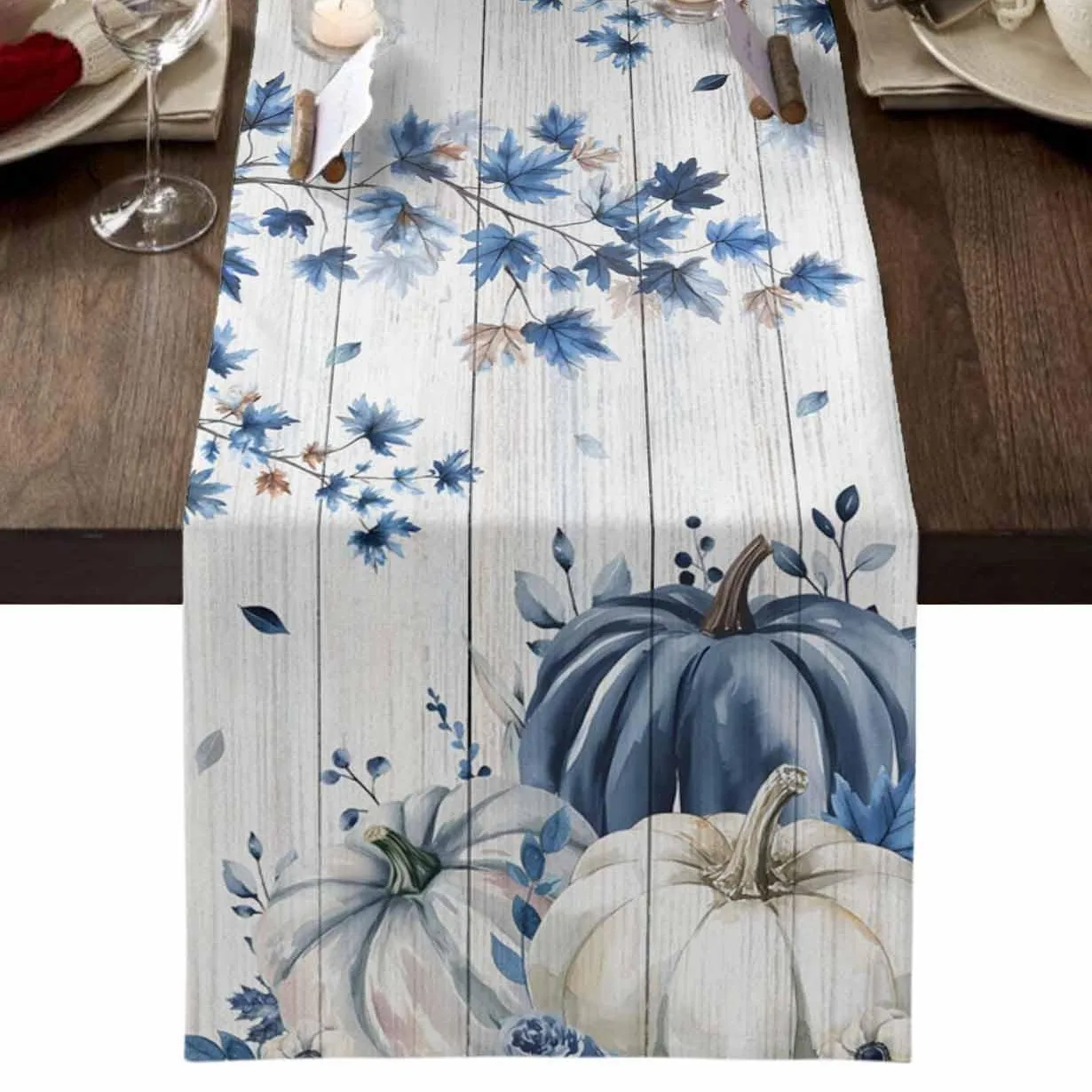 Table Runner Linen in Cream Stacked Orange  White Pumpkins with Maple Leaves  Daisies  Autumn Kitchen Table Styling