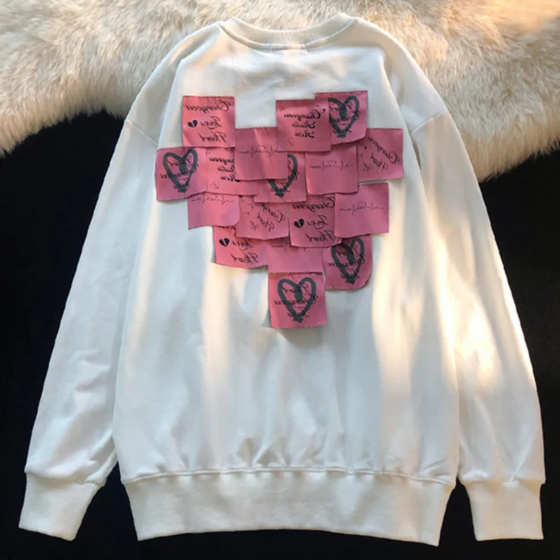 Long Sleeve Heart-shaped Sticky Sweatshirt T-shirt Sweatshirts 2023 Autumn Loose Boyfriend Pullovers Women White Oversized Tops