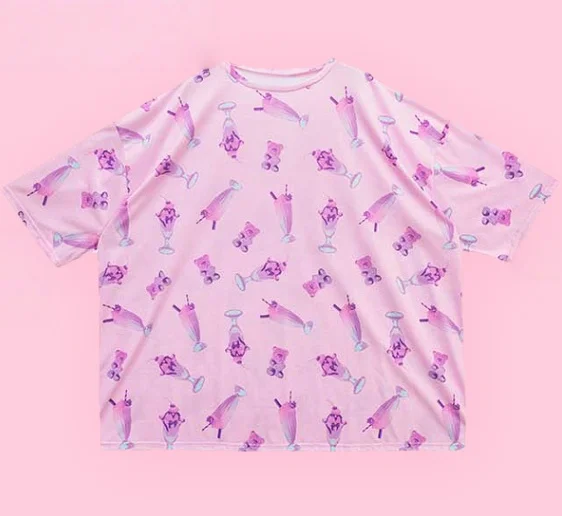 Harajuku Style That’s Both Sweet and Cool—wear Your Happiness! Girly Loose Y2K 3D Printed Color-block T-shirt