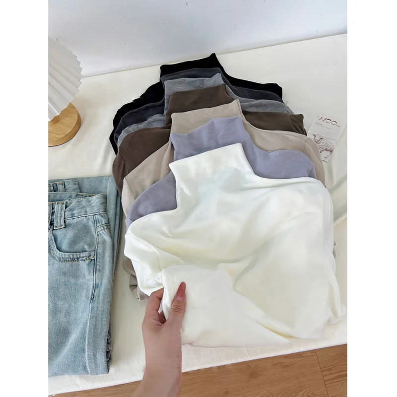 

Шерстяная футболка с полувысоким воротником/водолазкой, осенне-зимние теплые мягкие тонкие однотонные топы