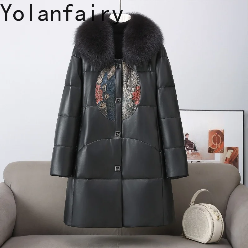 YOLANFAIRY Fashion Genuine Leather Jacket Women Winter Mid-length Real Sheepskin Leather Goose Down Coat Fox Fur Collar Puffer