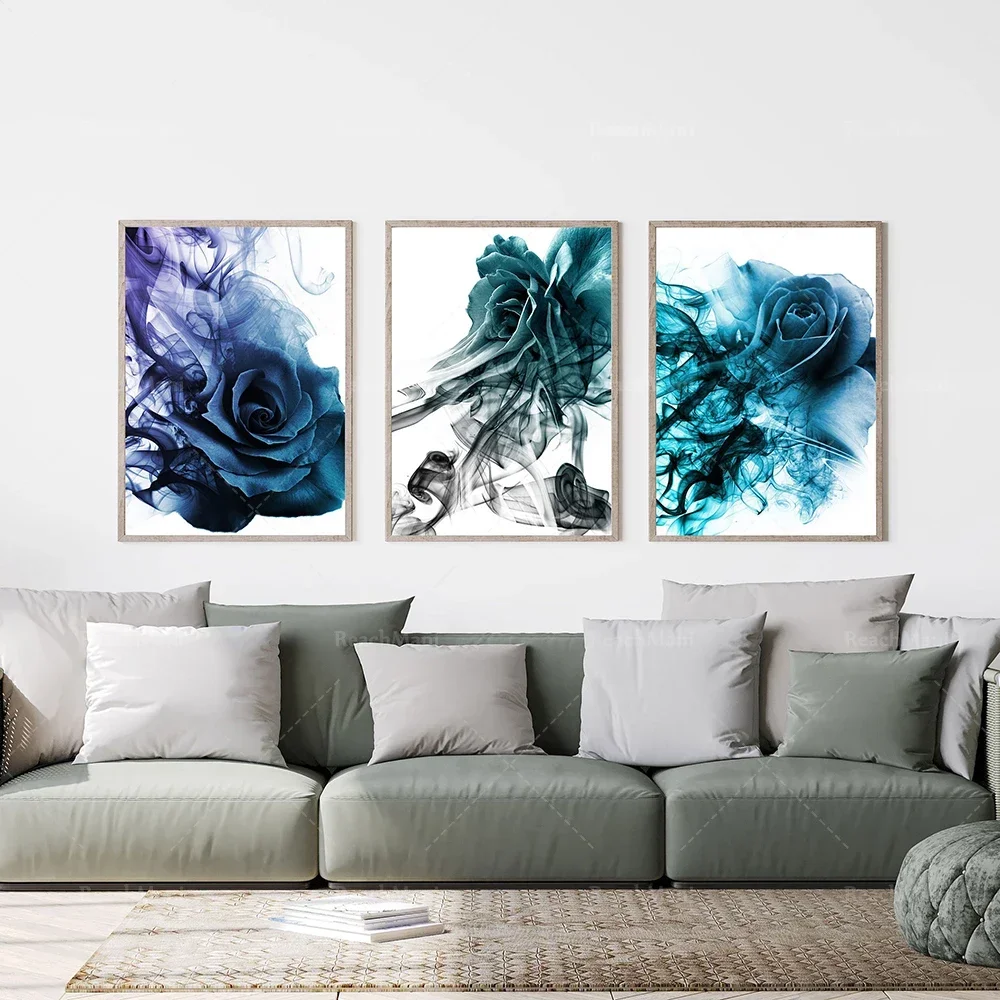 Blue smoke rose prints, blue, green, purple, floral print mysterious, seductive art deco poster canvas gift print