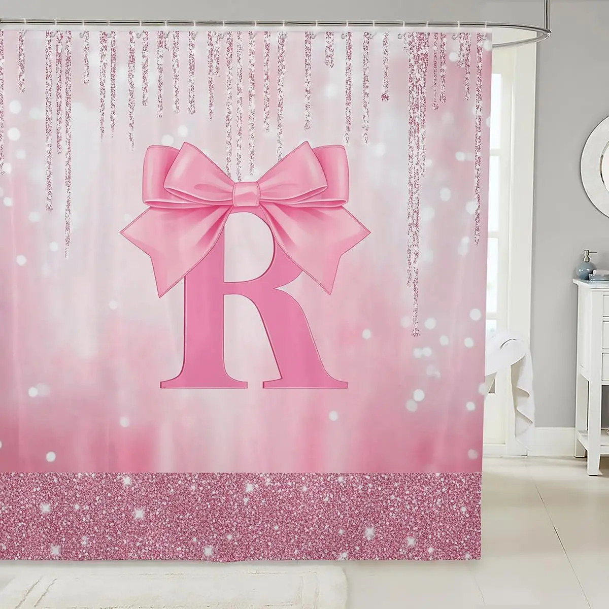 

Pink Bow Letter R Shower Curtain Waterproof Glitter Sparkle Bathroom Decor Curtain for Girl Princess Room