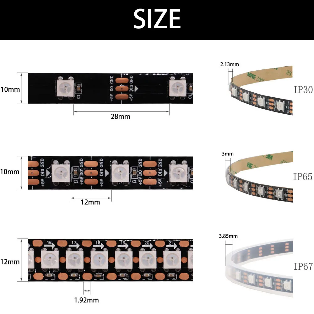 Imagem -02 - Faixa de Led Ws2812b Dc5v Faixa de Led Rgb Abordáveis Individualmente 30 60 144leds Preto Branco Pcb Ip30 65 67