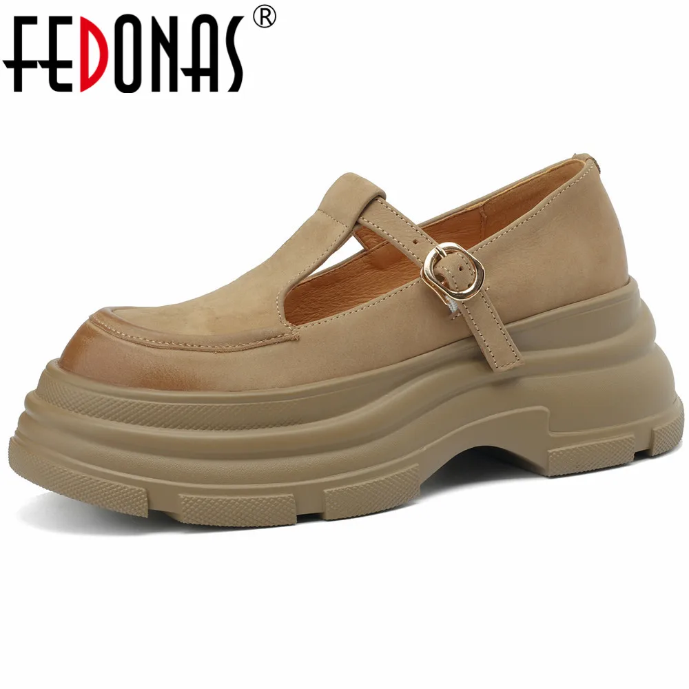 FEDONAS Platforms Women Pumps Spring Summer Retro Style T-tied Genuine Leather Round Toe Casual Working Pumps Shoes Woman Basic