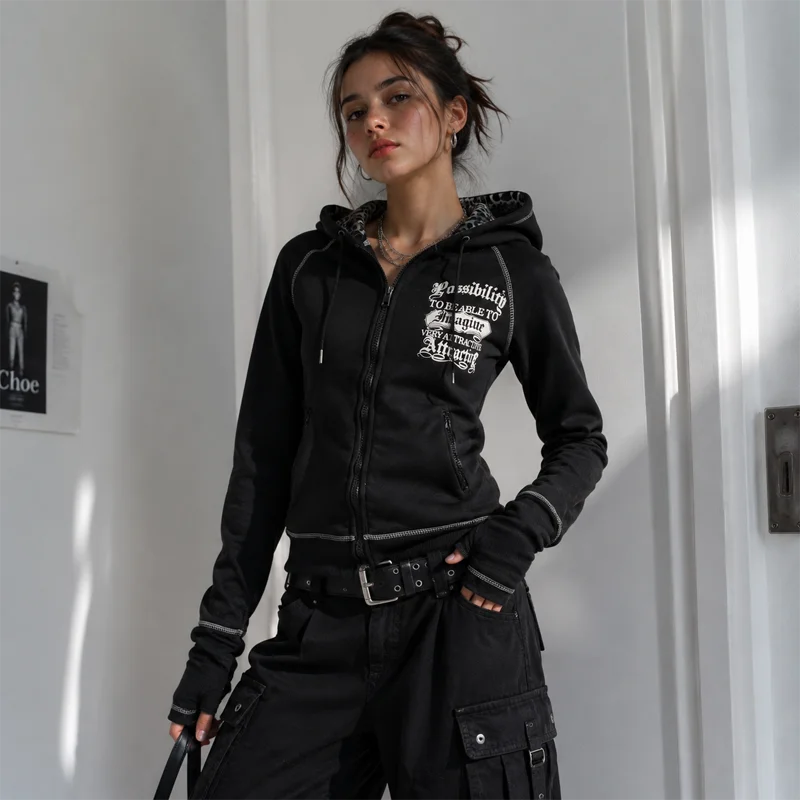 Damen Gothic Zip-Up Hoodie Y2K Grafik-Print Hoodie Alternative Punk Streetwear Langarm-Sweatshirt Lässige Mode