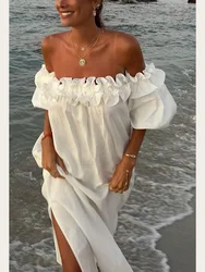 Sexy Off Shoulder Ruffles Dress Women Summer Puff Sleeve High Slita-line Loose Casual Vacation Beach Party Dresses Long Vestidos